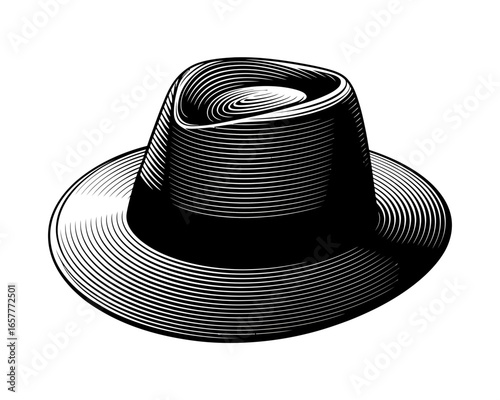 Vintage fedora hat illustration with engraved lines