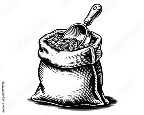 Vintage style illustration of a coffee bean bag and scoop