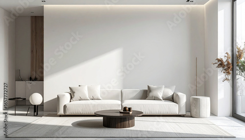 A modern living room with a white sofa, round coffee table, and natural light.