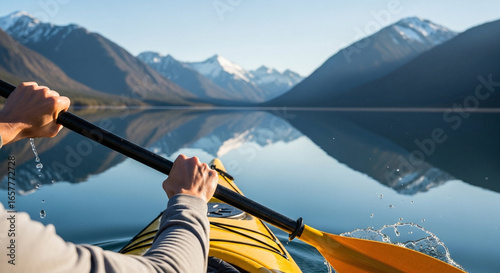 Person kayaking on a tranquil, mirror-like lake reflecting mountains.
