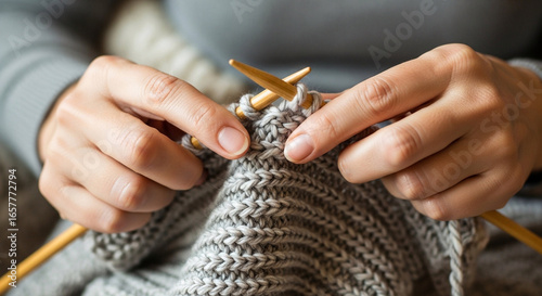 Close-up of hands knitting with gray yarn, a cozy hobby.