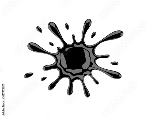 Glossy black ink splatter with droplets