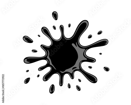 Black ink splatter with droplets on white background