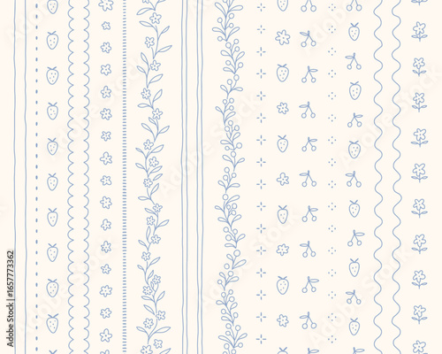 Hand drawn cottage core seamless border set with a charming delicate design. Soft blue pastel florals, fruits and lines, perfect for romantic vintage-inspired decor.