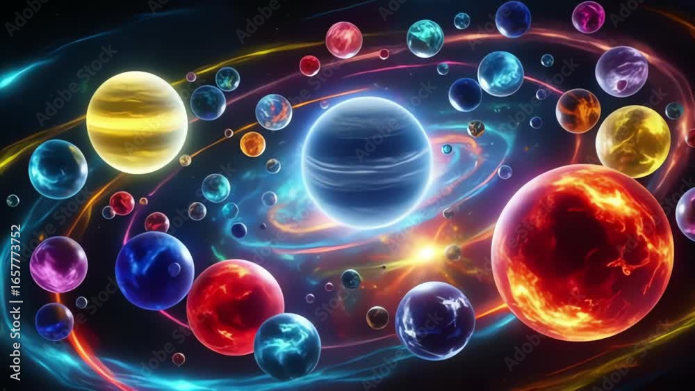 A vibrant array of planets and celestial bodies orbiting in a colorful cosmic space landscape on black background, 4k Vedio