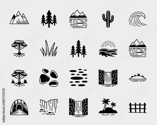 Collection of nature and landscape icons in a simple black and white style