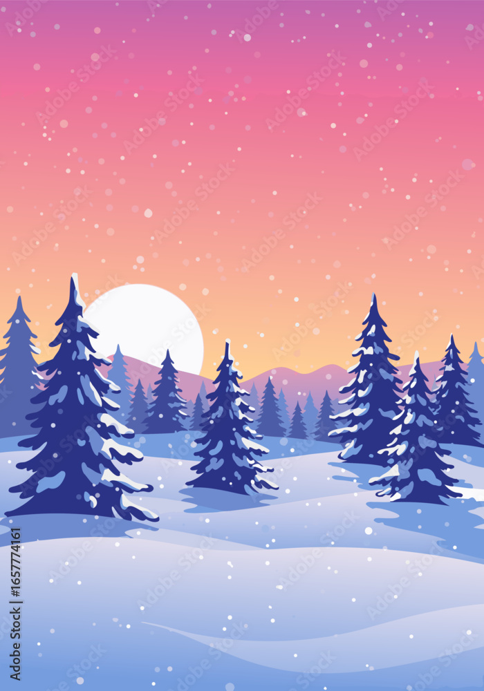 Obraz premium A captivating winter landscape illustration, featuring snow-covered fir trees against a vibrant sunset sky, creating a serene and picturesque vector art scene perfect for a tranquil background.