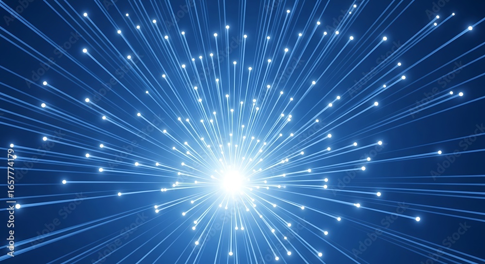 Naklejka premium Abstract explosion of bright blue light particles radiating from a central point against a dark background