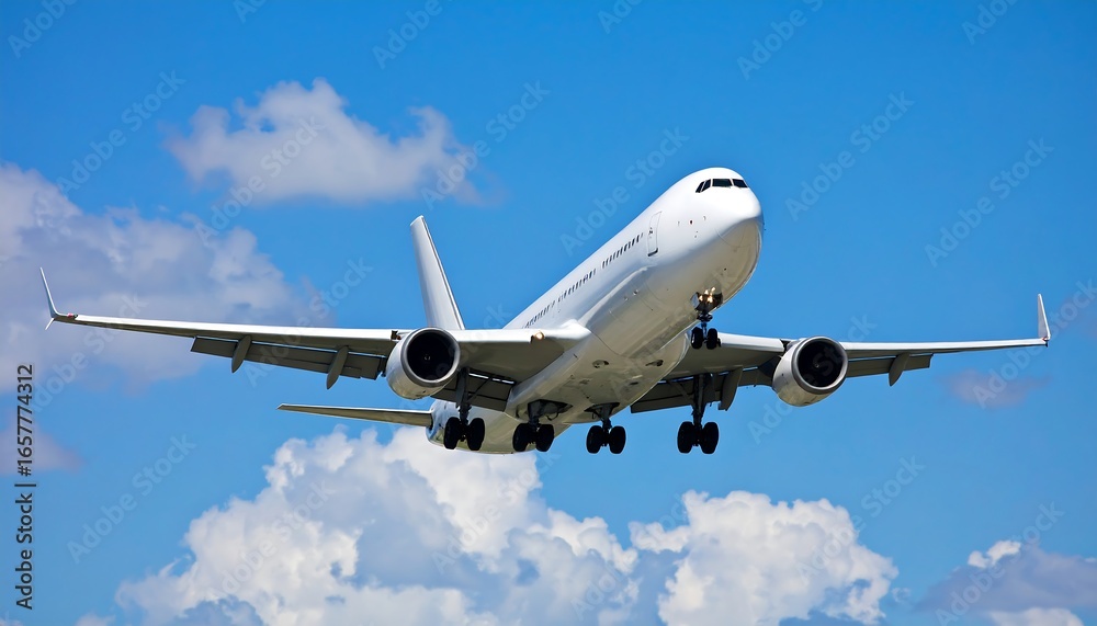 Obraz premium Passenger airplane landing against a blue sky with clouds in summer sunshine