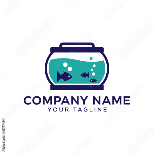 A clean graphic logo depicting a stylized fishbowl containing three dark blue fish swimming in vibrant teal water with small bubbles.