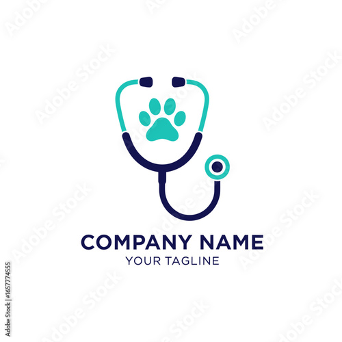 Veterinary clinic logo featuring a stethoscope with a paw print symbol, ideal for pet care.