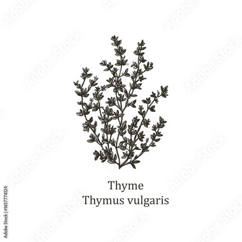 Engraving Thyme Vector illustration of a detailed thyme plant, scientifically known as Thymus vulgaris. The realistic depiction highlights its intricate leaves and stems, ideal for botanical studies.