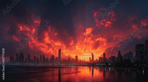 Scenic skyline view with orange twilight high resolution picture