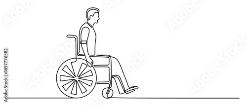 continuous line art of a man who is sick and sitting in a wheelchair. paralyzed and unable to walk