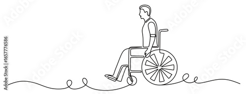 continuous line art of a man who is sick and sitting in a wheelchair. paralyzed and unable to walk