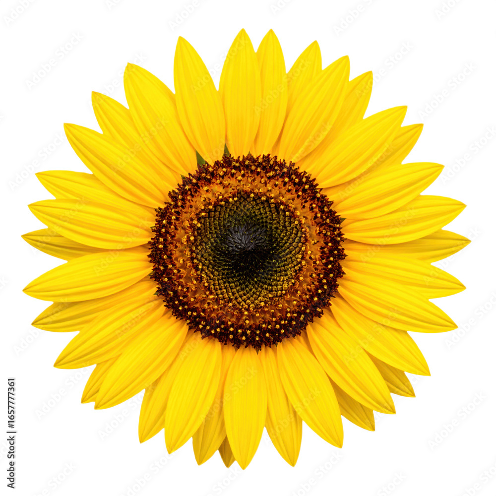Fototapeta premium Bright yellow sunflower with a dark brown center and symmetrical petals radiating outward in a circular pattern