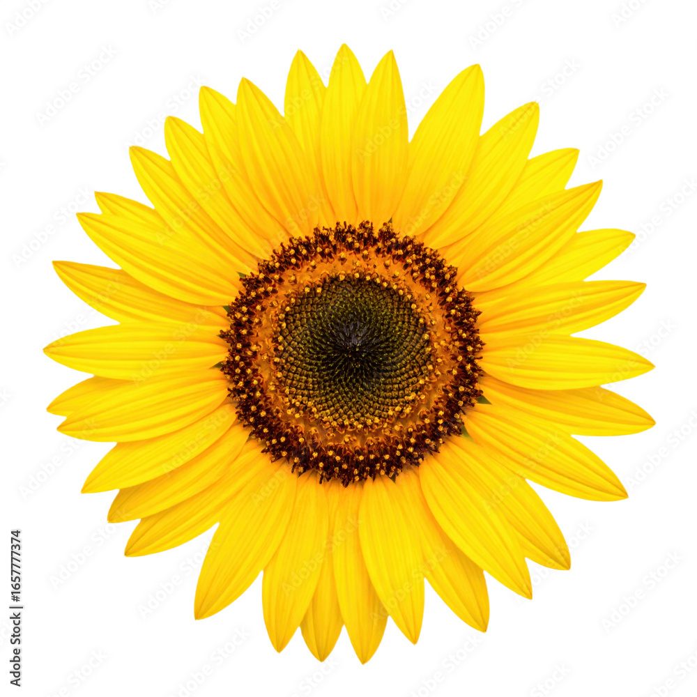 Fototapeta premium Bright yellow sunflower with a dark brown center and radiating petals, showcasing natural symmetry and vibrant color