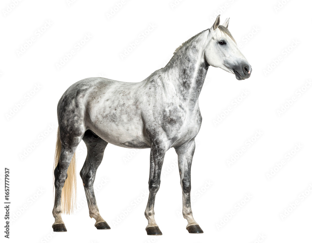 Obraz premium Elegant dappled grey horse standing gracefully against a stark black background