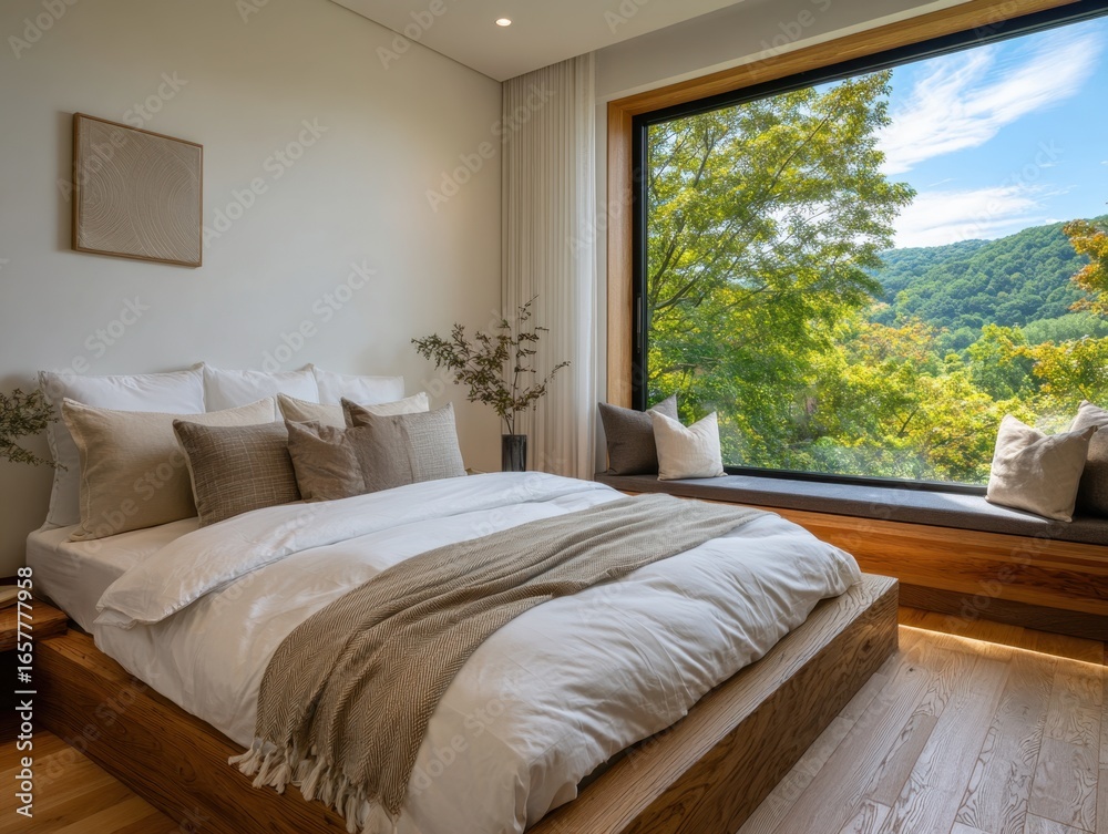 Fototapeta premium A bedroom with a large window overlooking a forest. The bed is made with white sheets and pillows