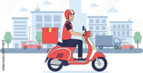 Skilled courier delivers packages swiftly on a scooter through city streets