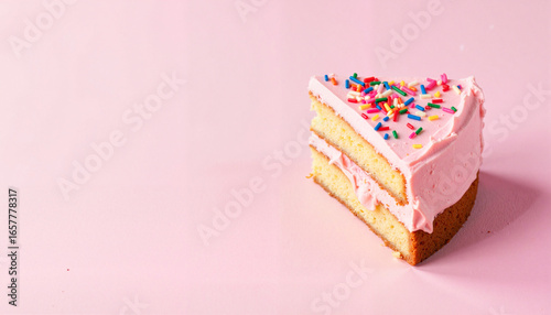 Delicious cake slice with pink frosting and sprinkles, festive celebration