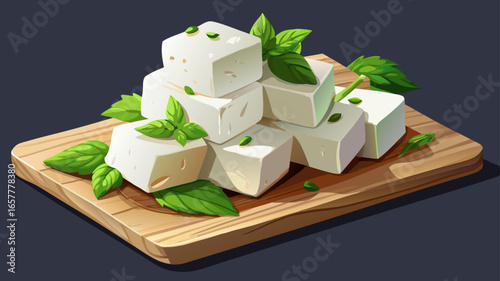 Fresh feta cheese cubes garnished with green herbs and mint leaves on dark wooden cutting board, close up view with selective focus and copy space.