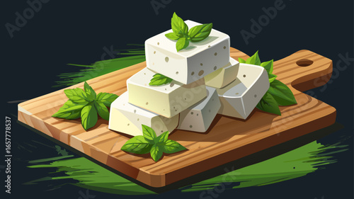 Fresh feta cheese cubes garnished with green herbs and mint leaves on dark wooden cutting board, close up view with selective focus and copy space.
