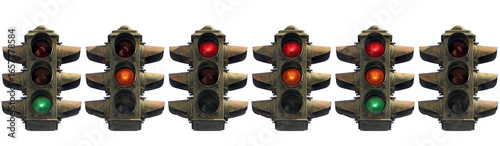Set of isolated traffic light with classic shape. Different color combinations.