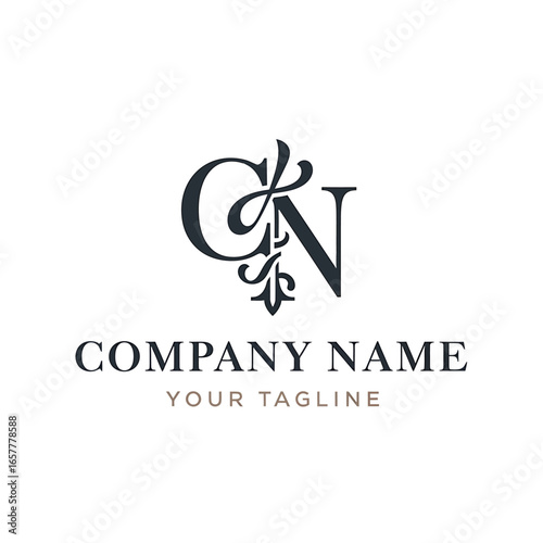 Elegant logo design featuring stylized initials "CN" with decorative flourishes and company details.