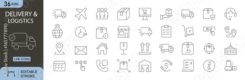 Delivery and Logistics icons set. Includes icons for truck, package, drone, cargo, shipping, warehouse, route, checklist, and delivery person. Editable stroke, line icons. Perfect for infographics.