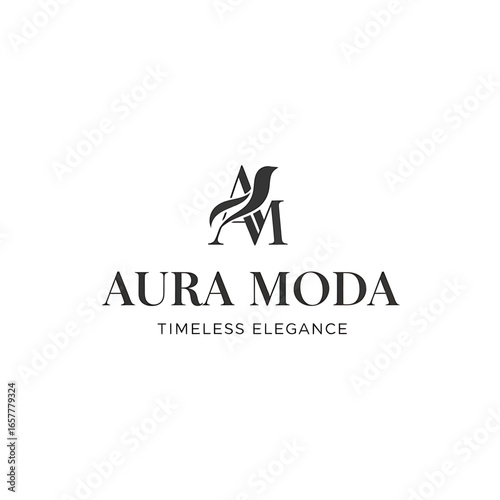 Elegant logo for Aura Moda, showcasing a stylized "A" and "M" intertwined with a chair-like design, emphasizing timeless elegance.