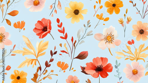 Wallpaper Mural Seamless floral pattern with autumn flowers on blue
 Torontodigital.ca