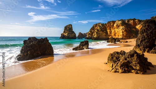 Sunny beach scene with dramatic rock formations