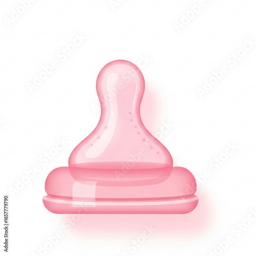 Pink baby bottle nipple sits isolated on white surface, representing feeding and infant care in a clean and simple style.
