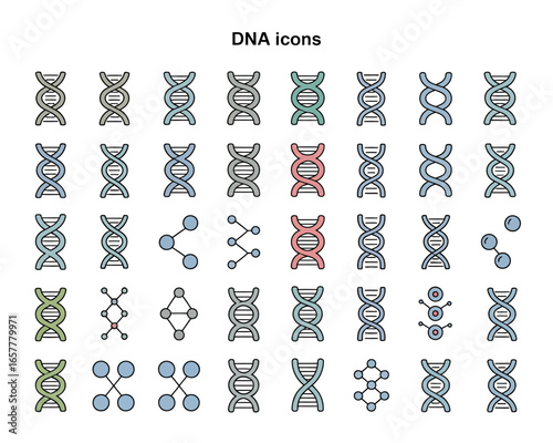 Collection of Colorful DNA Icons Representing Genetics Biology and Medical Research Molecular Structure Vector Illustration