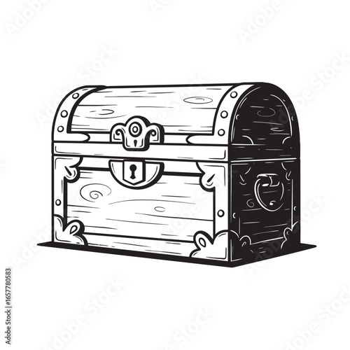 black and white silhouette of a treasure chest on a white background