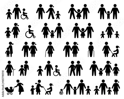Diverse family and individual silhouette icons representing various life stages and abilities
