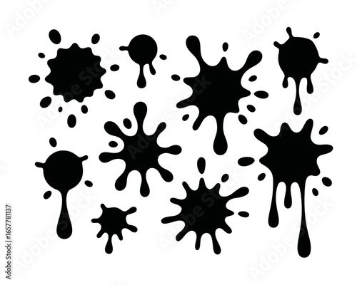 Collection of black ink splatters and drops on a white background