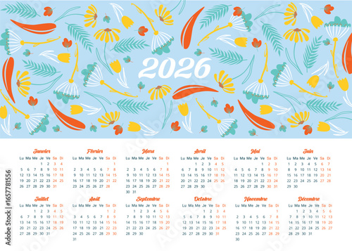 Calendrier annuel 2026 en français, fleurs abstraites motifs allover, pattern fleuris ton pastel