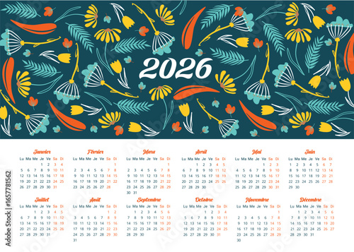 Calendrier 2026, tableau de l'année en français, motif pattern allover fleurs abstraites et colorées
