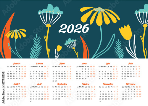 Calendrier 2026 tableau de l'année avec les mois en français début semaine lundi, motifs fleurs colorés avec fond sombre