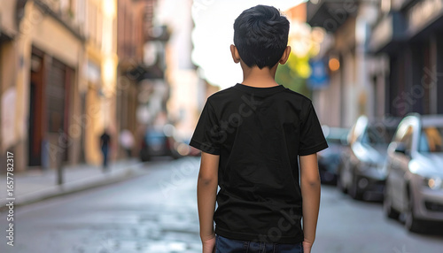 A young boy in a black t-shirt stands on a cobblestone street, looking ahead.