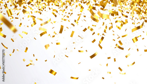 Golden confetti falling against a white background, creating a celebratory and festive atmosphere.
