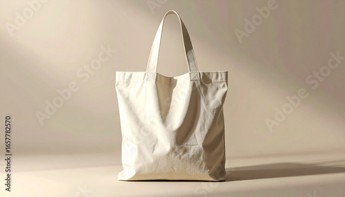 A plain, off-white canvas tote bag with handles, standing against a neutral background.