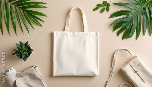 An overhead shot of a blank canvas tote bag with green leaves and other bags on a beige surface.
