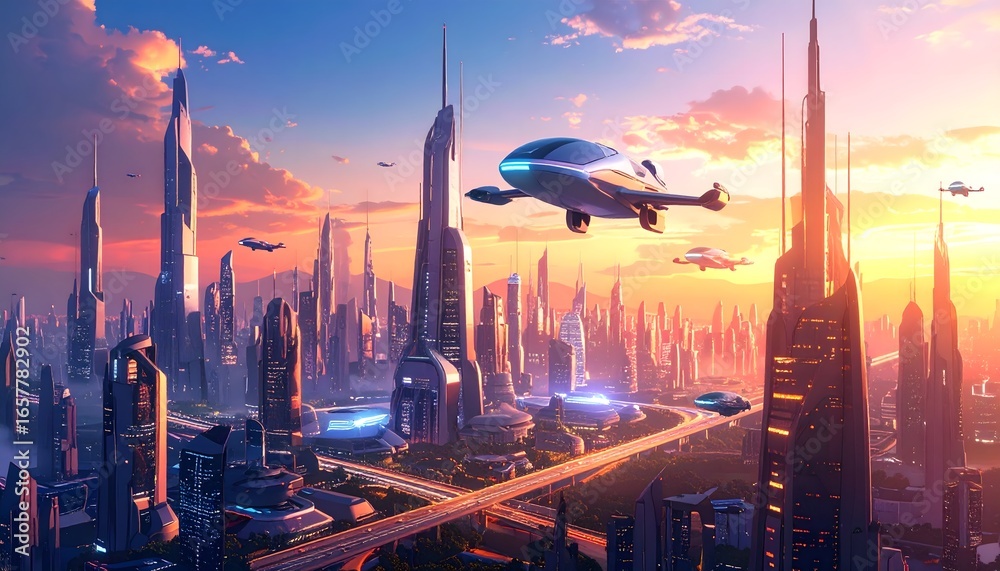 Obraz premium A sprawling futuristic city at sunset, glowing skyscrapers reflecting warm light, flying vehicles weaving through the skyline—an ultra-HD sci-fi vision with soft atmospheric tones and cinematic depth.