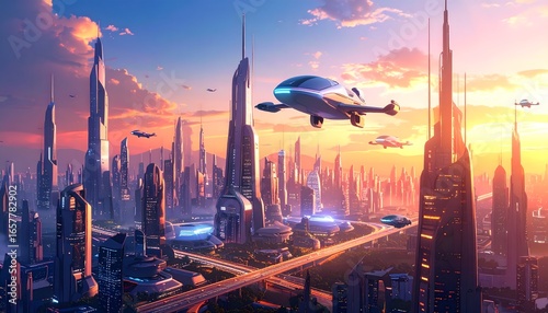 A sprawling futuristic city at sunset, glowing skyscrapers reflecting warm light, flying vehicles weaving through the skyline—an ultra-HD sci-fi vision with soft atmospheric tones and cinematic depth.