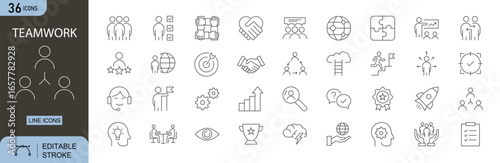 Teamwork icons set. Includes icons for collaboration, group, handshake, meeting, partnership, support, leadership, planning, and cooperation. Editable stroke, line icons. Perfect for infographics.