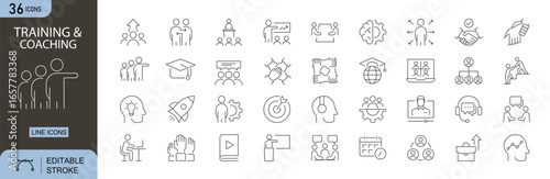Training and Coaching icons set. Includes icons for presentation, mentor, lecture, workshop, goals, strategy, certificate, teamwork, progress, and learning tools. Editable stroke, line icons.  