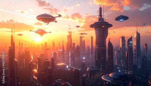 A sprawling futuristic city at sunset, glowing skyscrapers reflecting warm light, flying vehicles weaving through the skyline—an ultra-HD sci-fi vision with soft atmospheric tones and cinematic depth.